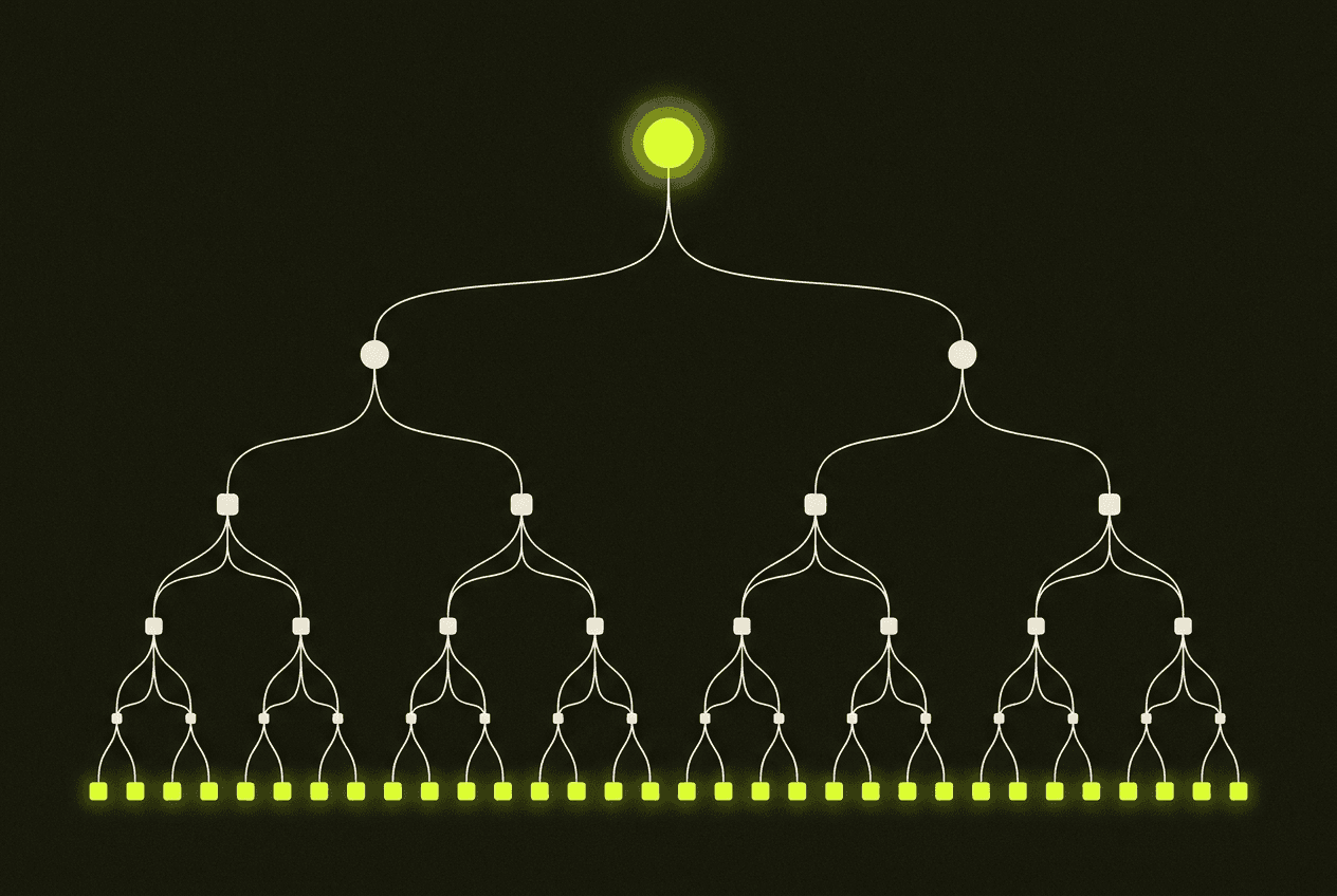 A binary tree of nodes summing upward into a single glowing root